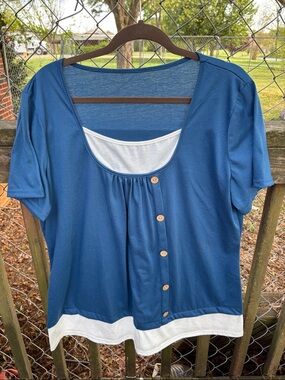 Blue Short-Sleeve Layered-Look Knit Tee with White Underlayer